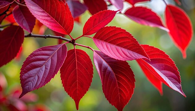 Vibrant red autumn leaves of Nyssa tupelo black gum tree in close-up botanical detail