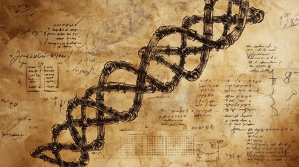 Obraz premium DNA molecule in hand-sketched style, spiraling with energy and surrounded by handwritten formulas and biological symbols