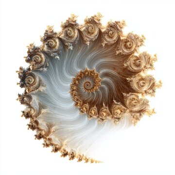 Fractal Spiral Wonder: An intricate fractal pattern resembling a nautilus shell or galaxy spiral, displaying golden brown and light blue hues in a mesmerizing, organic growth.