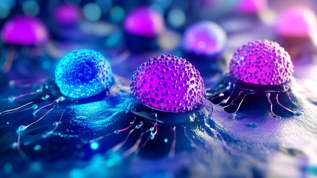 Detailed visualization of cell biology with cancer cells being marked for identification by futuristic scanning beams