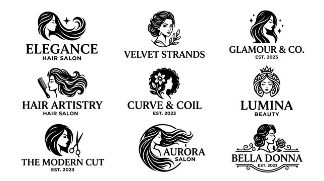 Black and white hair salon logos.