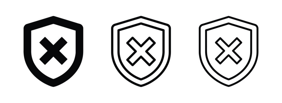 Shield icon with x mark in black and white Vector