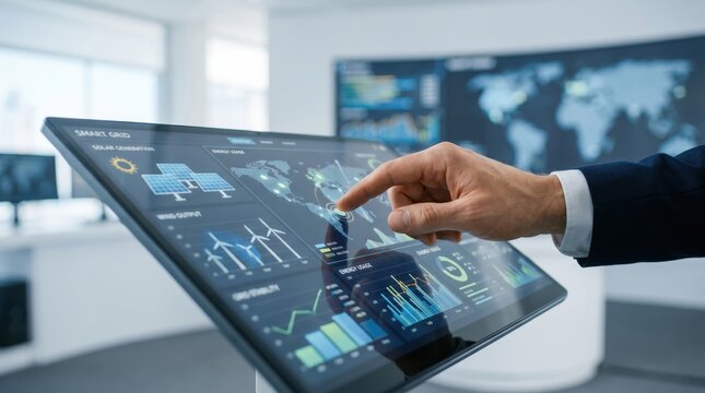 Close up of hand using tablet to control smart grid energy system, displaying solar panels and wind turbines data, renewable power management interface with world map and usage