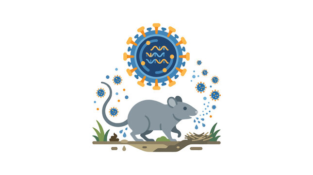 Illustration of a grey mouse on the ground with virus particles, representing zoonotic disease transmission and public health risks from rodent-borne pathogens