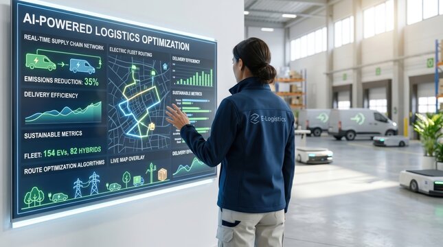 Logistics manager using AI-powered dashboard for electric fleet routing and supply chain optimization in warehouse, smart transportation and delivery efficiency concept.