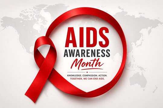 Aids awareness month red ribbon and world map background