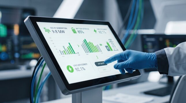 Engineer touching digital touchscreen to optimize solar generation and battery storage, green energy grid efficiency monitoring in modern laboratory control center, sustainable
