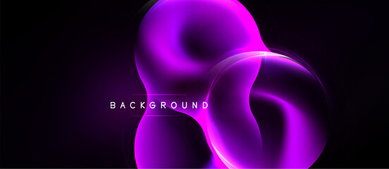 Naklejka premium Abstract neon shapes overlap dark background. Vibrant purple glows create modern visual effect. Minimalist design, dynamic composition.