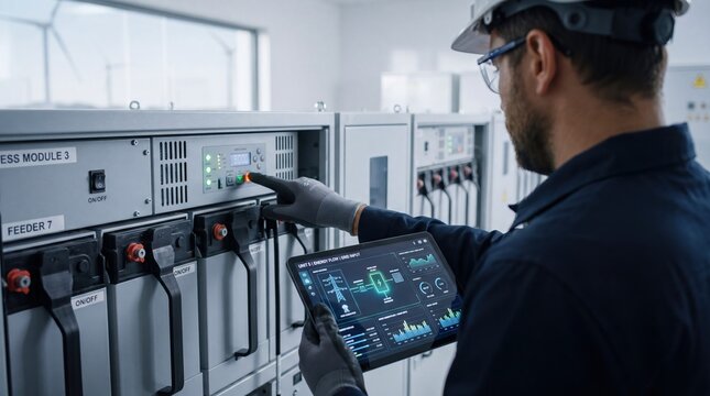 Industrial engineer technician inspecting battery energy storage system control panel with digital tablet interface, wearing safety gear and gloves in a clean facility for green