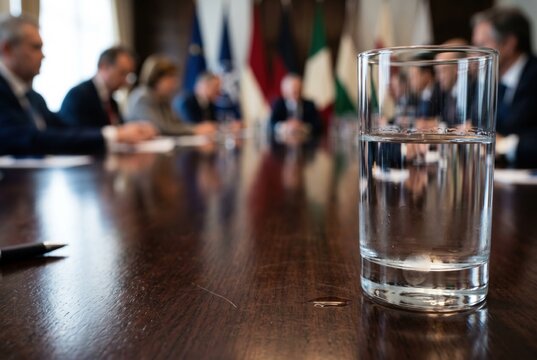 Polished glass of water standing on a conference table during a formal meeting for diplomatic concept, international relations news and editorial protocol imagery