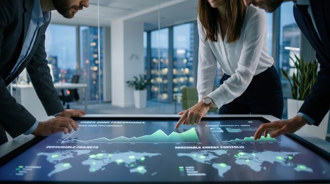 Corporate team analyzing green bond performance and sustainable projects on interactive digital table in modern office, ESG investment strategy meeting.