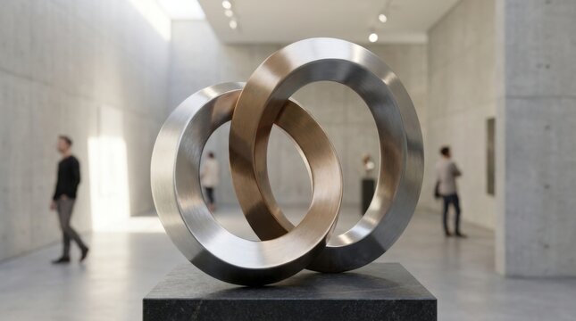 Abstract brushed metal sculpture consisting of two interlocking rings on a dark stone pedestal in a minimalist art gallery with concrete walls and blurred museum visitors in the background.