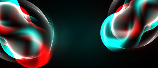 Naklejka premium Abstract design features swirling shapes, vibrant colors. Red, teal, white elements contrast against dark background. Modern, dynamic composition.