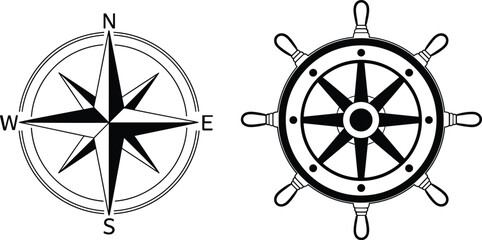 Compass and ship wheel vector illustration for navigation, maritime, nautical design, travel, sea, ocean, sailing © Billal