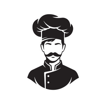 Professional male chef with moustache wearing a toque and uniform jacket - black and white graphic icon food service master chef