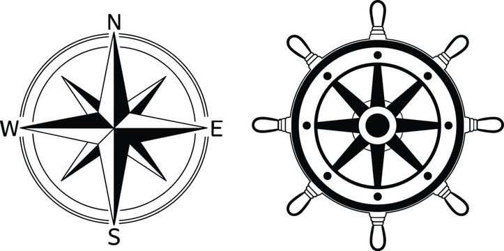 Compass and ship wheel vector illustration for navigation, maritime, nautical design, travel, sea, ocean, sailing