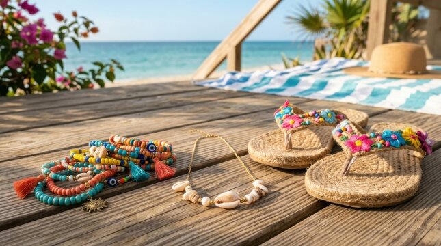Colorful beaded bracelets with tassels, cowrie shell necklace, and floral flip-flops on a wooden deck overlooking a tropical beach with turquoise ocean water and blue sky.