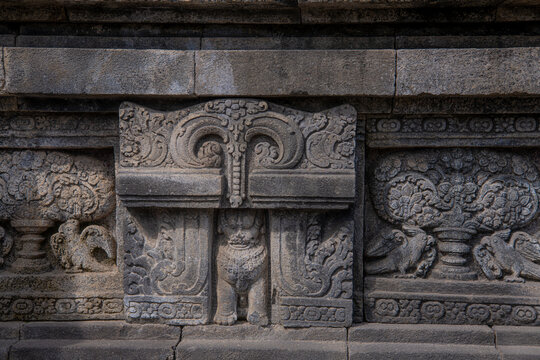 The reliefs of the Prambanan temple are carved on the inner wall of the balustrade