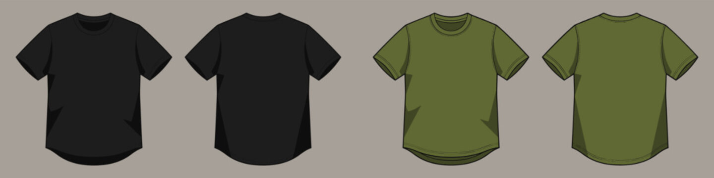 Set of four blank curved hem T-shirts, black and olive green colors front and back views isolated for design templates, vector illustration