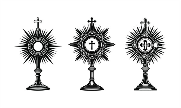 Three black and white illustrations of monstrances with crosses holy sacrament religious object