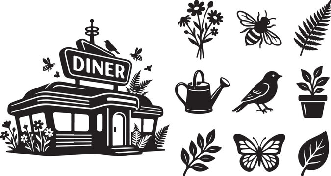 Vintage Diner Sign with Floral and Nature Icons