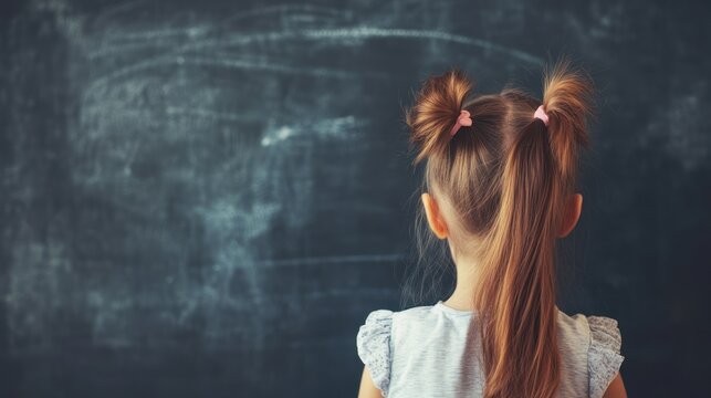 Young girl with pigtails facing a textured blackboard with faint chalk marks, symbolizing learning and imagination