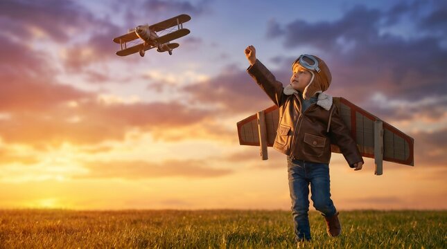 A young boy with cardboard wings and pilot hat dreams of flying, standing in a grassy field with a biplane in the sunset sky.
