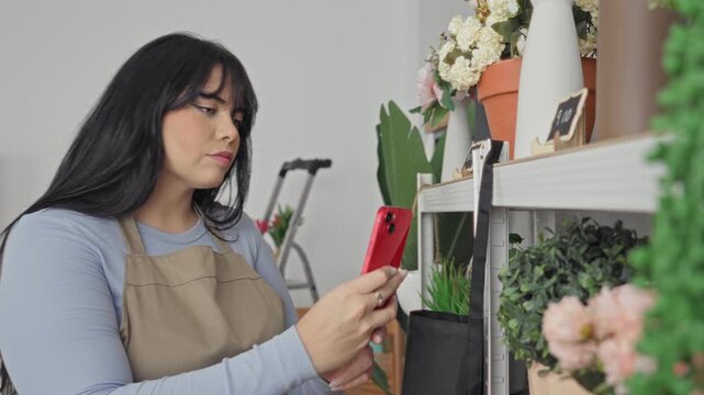Woman florist in apron holds smartphone and taps screen among potted flowers on studio shelf; focused work.