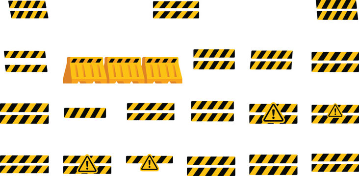 Yellow and Black Striped Construction Barrier Icon Set with Caution Warning Signs and Road Block Elements for Safety and Industrial Graphic Designs