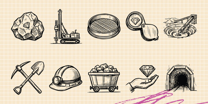 Black ink scribble doodle vector vintage hand drawn set of coal mining pickaxe industry cart equipment underground cave and mineral rock