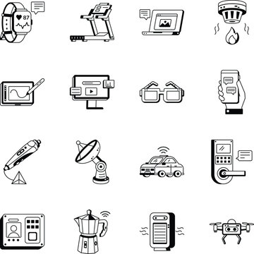 Collection of smart devices, wearable tech, and home gadgets for monitoring, fitness, and digital convenience. 
