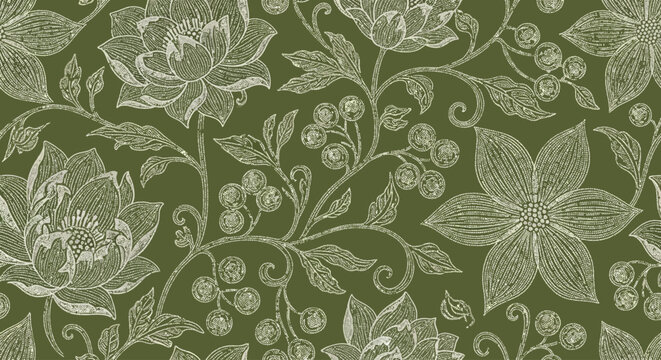 Olive green floral wallpaper, damask pattern, botanical design, vector background
