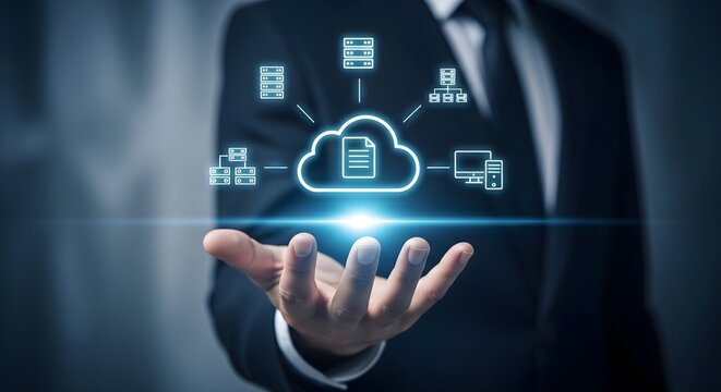 Cloud computing network diagram with of servers, documents, and computers connected to a central cloud illustrating data storage, connectivity, and digital information