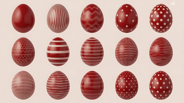 Rows of vibrant red eggs decorated with white stripes and dots on a light surface