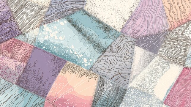 55.Hand illustrated quilt pattern with light pastel hues, visible sketch lines and textile inspired textures, charming homemade feel, artistic and seamless background