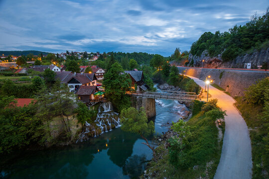 Waterfalls and traditional houses in Rastoke village, Slunj Croatia