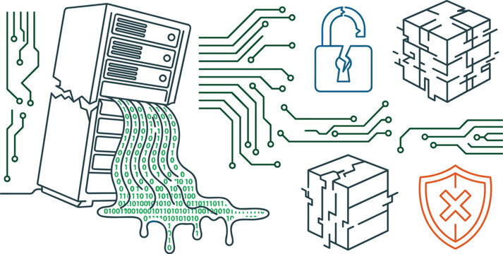 Data Breach and Cyber Security Vulnerability Line Vector Set Featuring Broken Server Leaking Binary Code, Cracked Padlock, Damaged Blocks, and Shield Failure