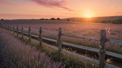 Fototapeta premium Lavender field stretching along wooden fence at sunrise
