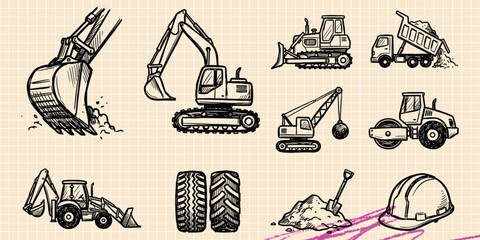Black ink scribble doodle vector vintage hand drawn set of heavy vehicle excavator construction machinery industrial engineering builder and repair architecture © Broke Stoke