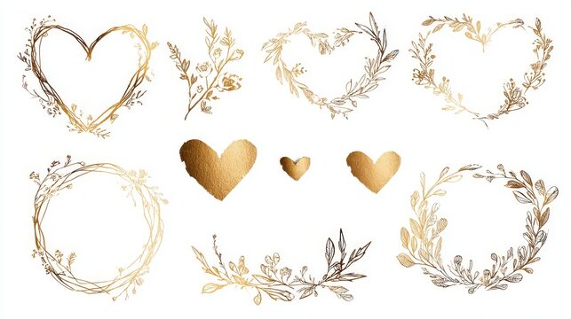 46.Elegant golden heart design collection featuring hand drawn floral frames, rustic wreaths, and metallic heart symbols, romantic decorative vector illustrations
