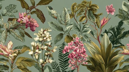 Fototapeta premium 77.Seamless floral vector pattern featuring various tropical plants, hand illustrated foliage, random scattered layout, retro style on muted green background