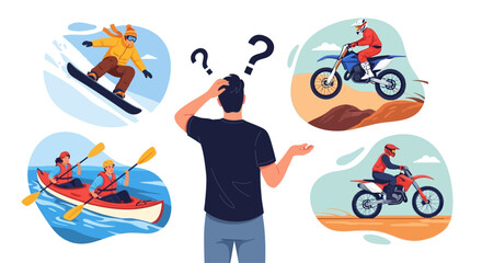 Obraz premium Confused man, adventure sports icons, ski, kayak, motorcycle vector