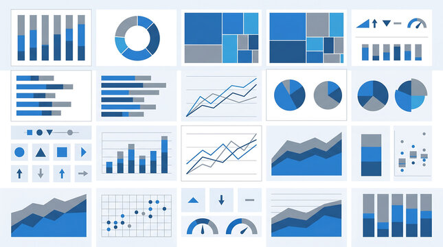 Set of blue business data dashboard charts and financial visualization infographic icons.