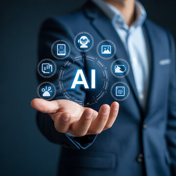 Businessman presenting artificial intelligence concept with icons on his palm