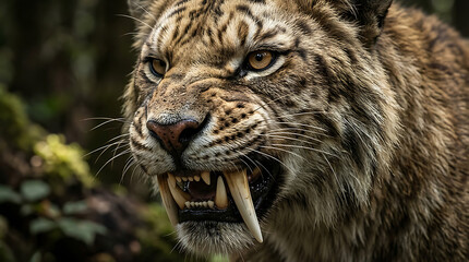 Fototapeta premium Ferocious saber tooth tiger close up, snarling with large fangs and detailed fur.