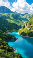 Fototapeta premium Mountainous landscape with lush greenery and turquoise waters, fjord, wilderness