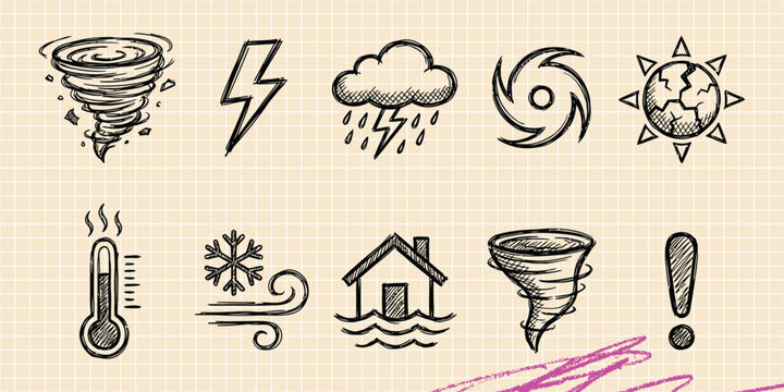 Black ink scribble doodle vector vintage hand drawn set of disaster tornado storm weather lightning cloud meteorology danger and cold rain