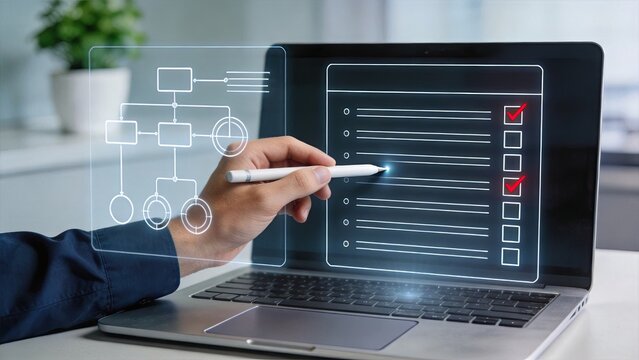 Project management workflow visualization on laptop, hand pointing at flowchart diagram and checklist with red ticks, strategic planning, business process optimization,