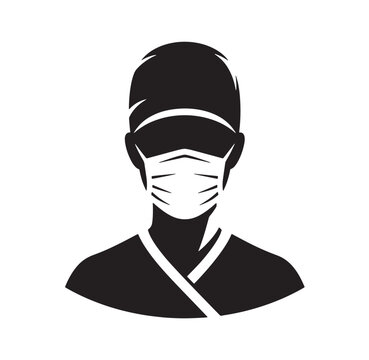 Black and white graphic illustration of a medical professional wearing a scrub cap face mask scrubs representing healthcare workers