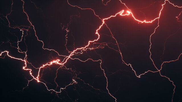 Powerful lightning bolts cutting through dark storm clouds in a night sky, capturing intense weather, atmospheric energy, and a severe thunderstorm.